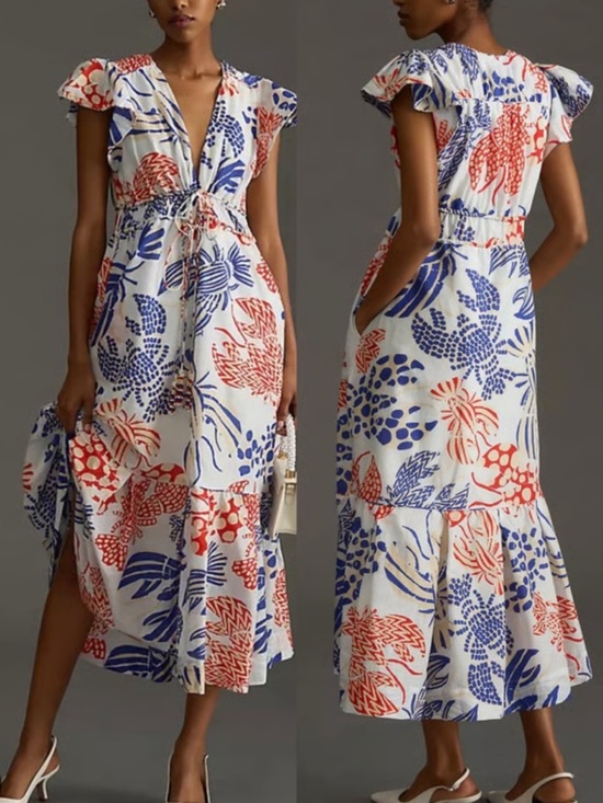 FARM Rio Dresses & Skirts - FARM Rio Printed Ruffle Sleeve V-Neck Dress